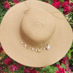 Chic Tan Sun Hat with Gold Charm Details